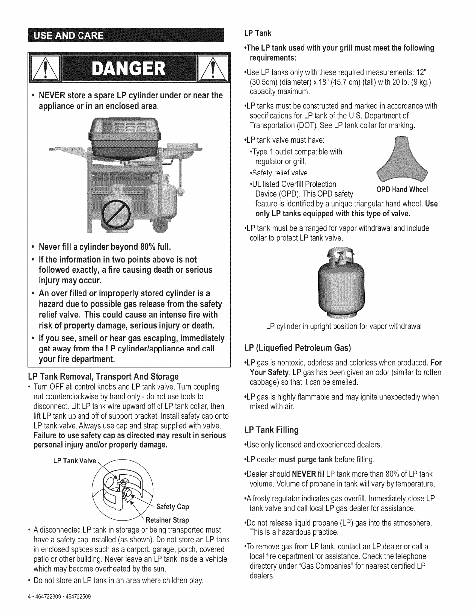 Lp tank filling, Danger | Kenmore 415.165059 User Manual | Page 4 / 28