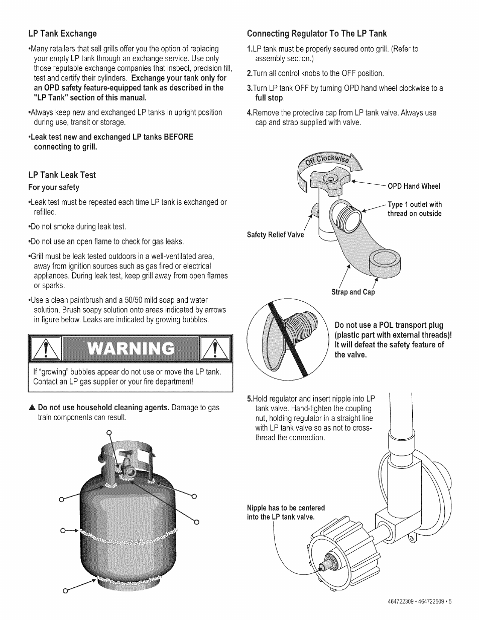 Lp tank exchange, Lp tank leak test, Connecting regulator to the lp tank | Kenmore 415.165059 User Manual | Page 5 / 28