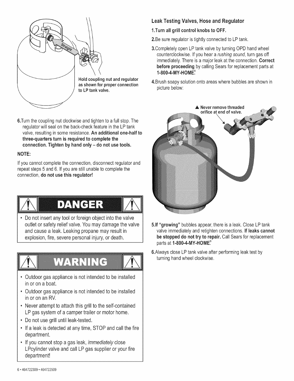 Leak testing valves, hose and regulator, Danger, Iturn | Leak | Kenmore 415.165059 User Manual | Page 6 / 28