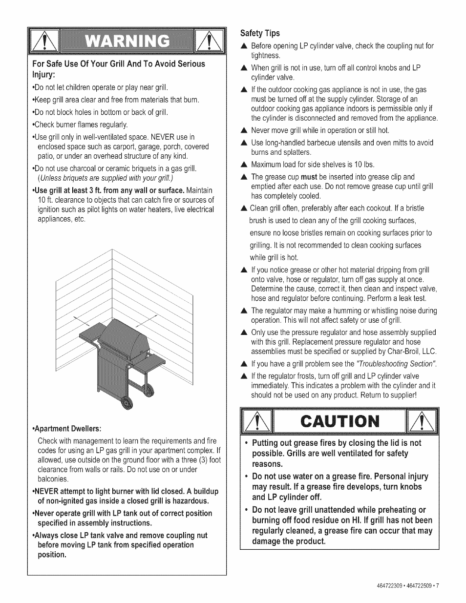 For safe use of your grill and to avoid serious, Safety tips, Caution | Never | Kenmore 415.165059 User Manual | Page 7 / 28