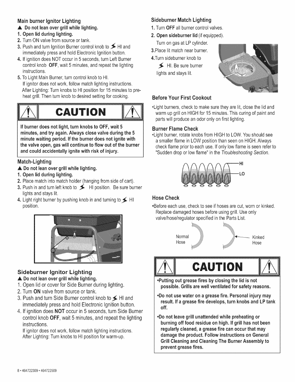 Sideburner ignitor lighting, Sideburner match lighting, Before your first cookout | Burner flame check, Hose check, Caution, Burner | Kenmore 415.165059 User Manual | Page 8 / 28