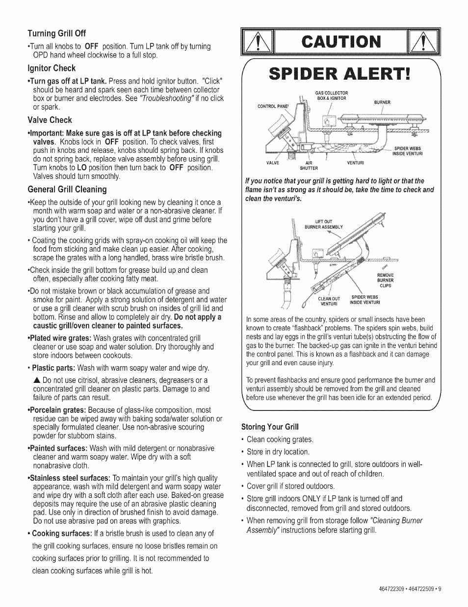 Turning grill off, Spider alert, Caution | Check, Ignitor check •turn gas off at lp tank, Valve, General grill cleaning, Plastic parts, Porcelain grates, Painted surfaces | Kenmore 415.165059 User Manual | Page 9 / 28