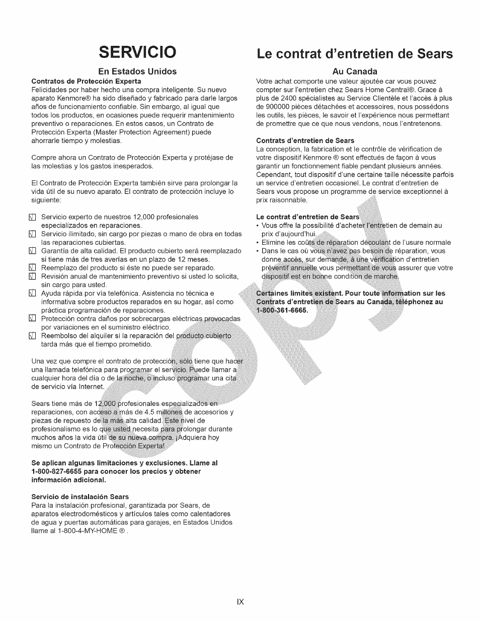 En estados unidos, Au canada, Servicio | Le contrat d’entretien de sears | Kenmore 15358 User Manual | Page 10 / 89