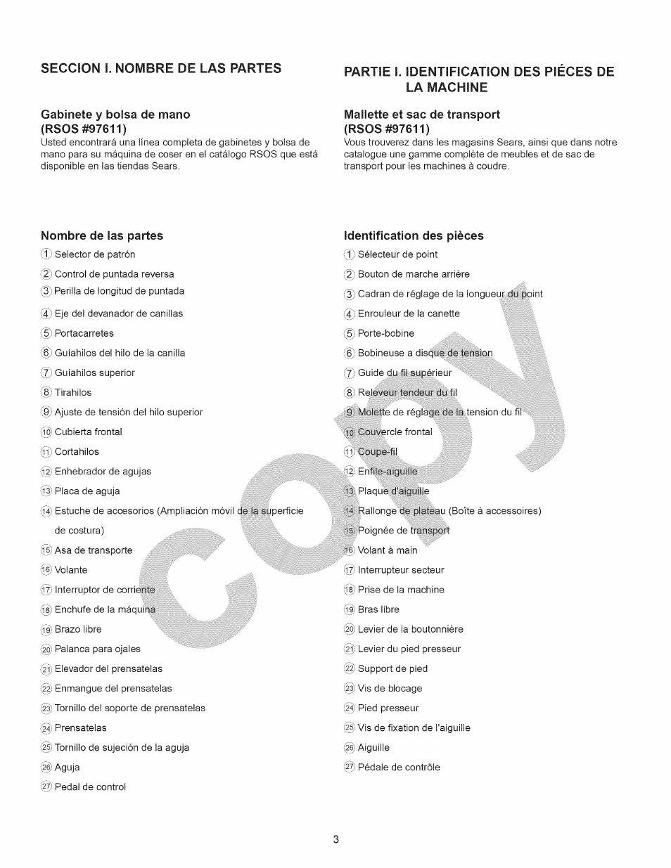 Gabinete y bolsa de mano, Partie i. identification des pièces de la machine, Mallette et sac de transport (rsos #97611) | Nombre de las partes, Identification des pièces, Seccion i. nombre de las partes, I. identification, Partie, Des pièces de la machine | Kenmore 15358 User Manual | Page 15 / 89