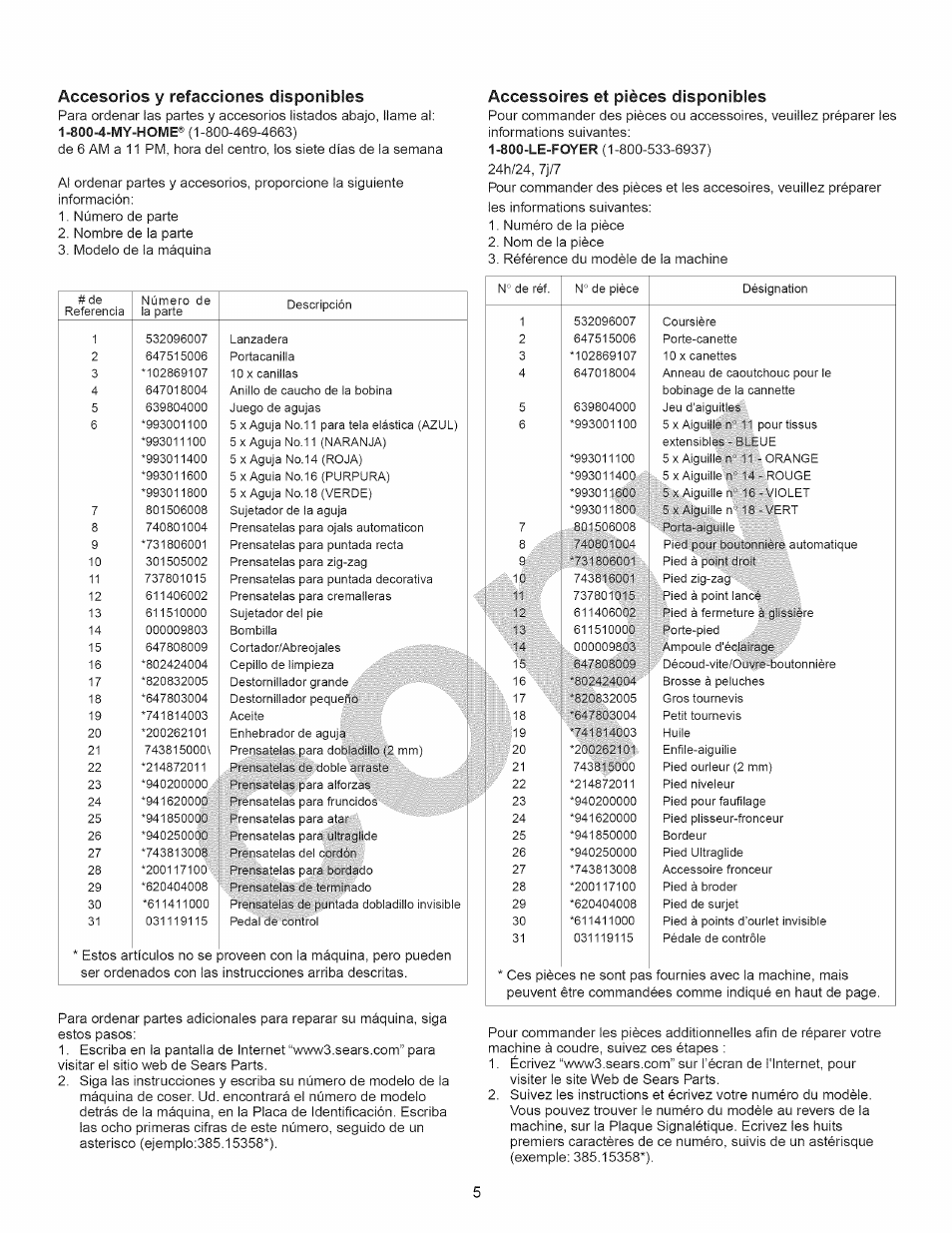 Accesorios y refacciones disponibles, Accessoires et pièces disponibles | Kenmore 15358 User Manual | Page 17 / 89