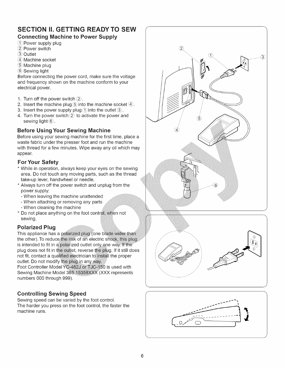 Before using your sewing machine, For your safety, Polarized plug | Controlling sewing speed, For your safety polarized plug | Kenmore 15358 User Manual | Page 18 / 89