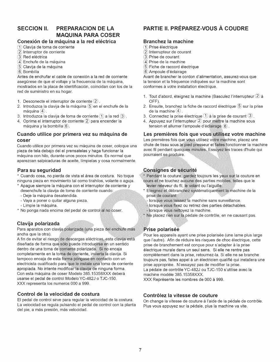 Cuando utilice por primera vez su máquina de coser, Para su seguridad, Clavija polarizada | Partie ii. préparez-vous à coudre, Branchez la machine, Les premières fois que vous utilisez votre machine, Consignes de sécurité, Prise polarisée, Control de la velocidad de costura, Contrôlez la vitesse de couture | Kenmore 15358 User Manual | Page 19 / 89