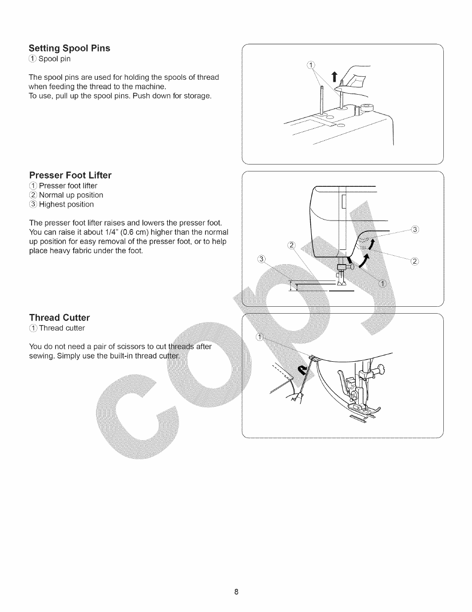 Presser foot lifter, Thread cutter, Presser foot types | Setting spool pins | Kenmore 15358 User Manual | Page 20 / 89