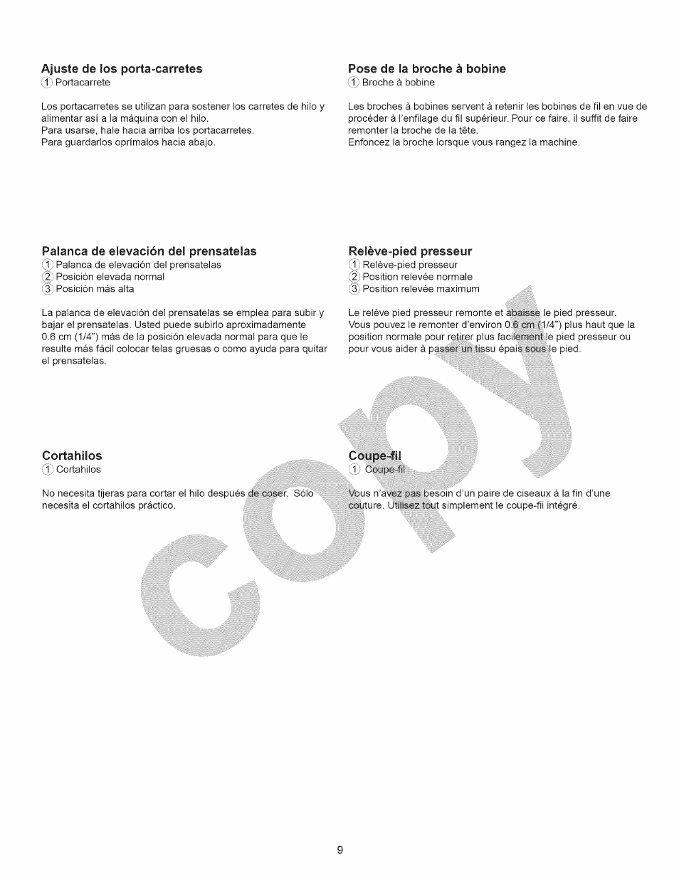 Ajuste de los porta-carretes, Pose de la broche à bobine, Palanca de elevación del prénsatelas | Cortahilos, Coupe-fil | Kenmore 15358 User Manual | Page 21 / 89