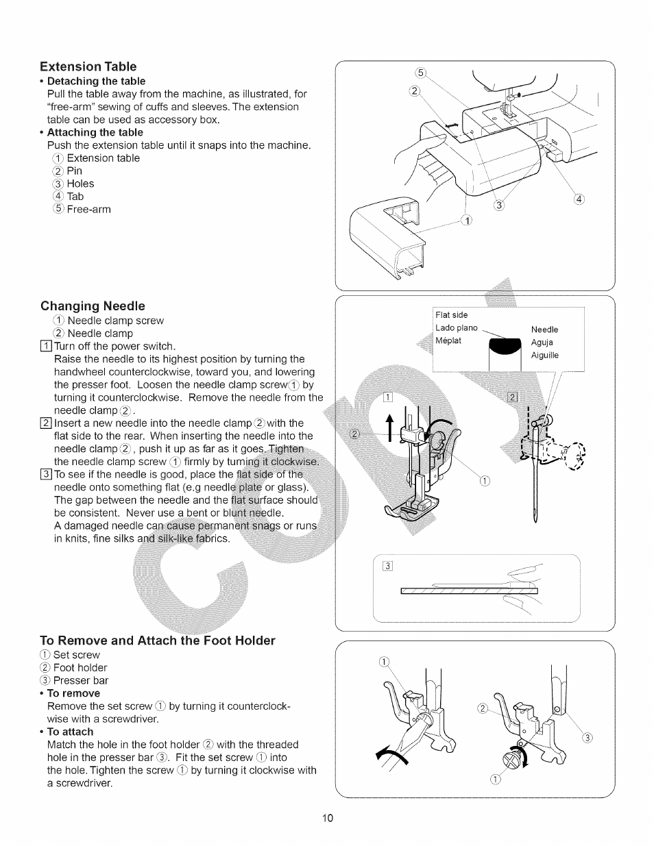 Changing needle, To remove and attach the foot holder, Extension table | Kenmore 15358 User Manual | Page 22 / 89