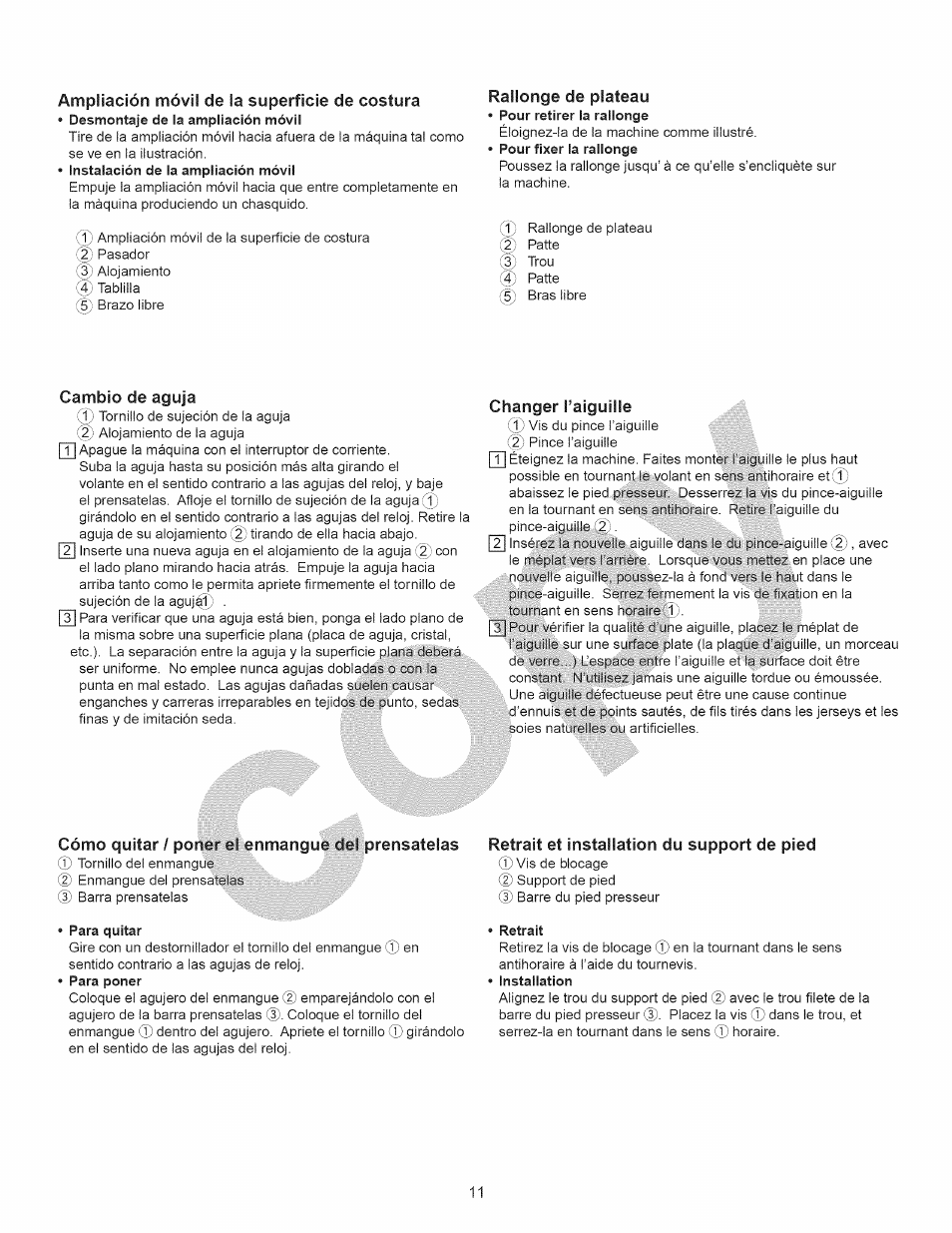 Ampliación móvil de la superficie de costura, Rallonge de plateau, Cambio de aguja | Changer l’aiguille, Cómo quitar / poner el enmangue del prénsatelas, Retrait et installation du support de pied | Kenmore 15358 User Manual | Page 23 / 89