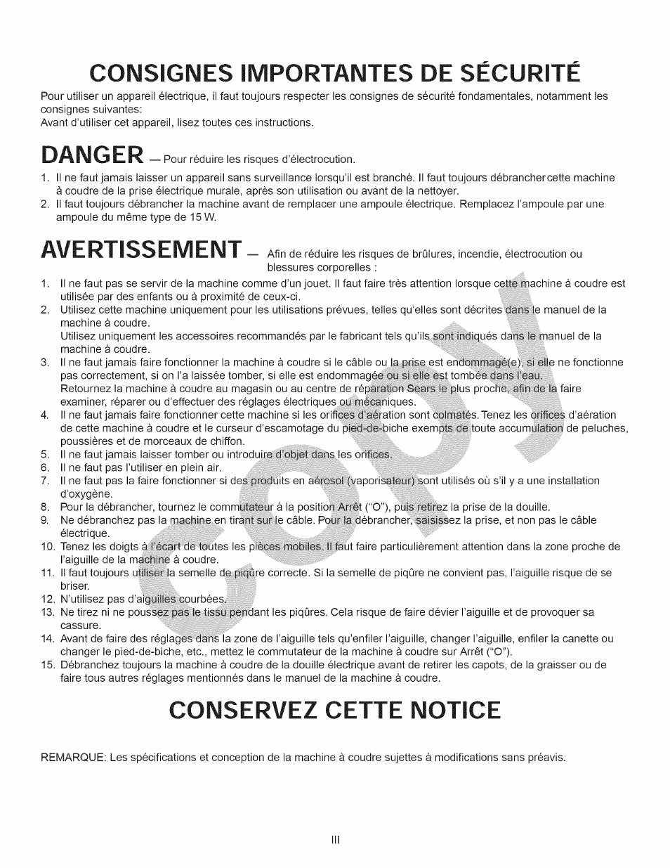 Consignes importantes de sécurité, Danger, Avertissement | Conservez cette notice | Kenmore 15358 User Manual | Page 4 / 89