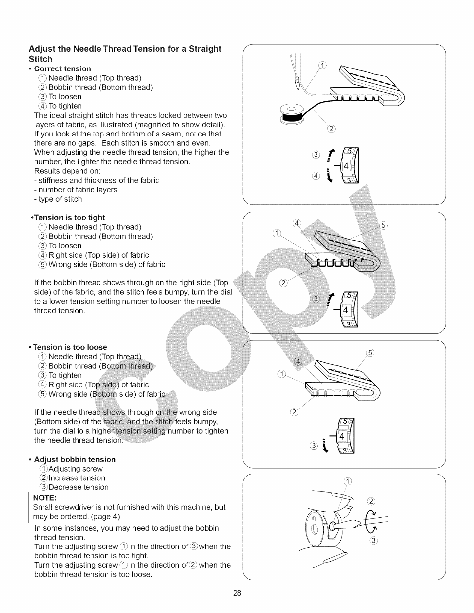 Tension is too tight, Tension is too loose, Adjust bobbin tension | Kenmore 15358 User Manual | Page 40 / 89