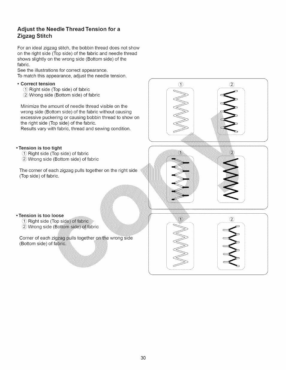 Correct tension, Tension is too tight, Tension is too loose | Tension is too tight • tension is too loose, Adjust the needle thread tension for a | Kenmore 15358 User Manual | Page 42 / 89