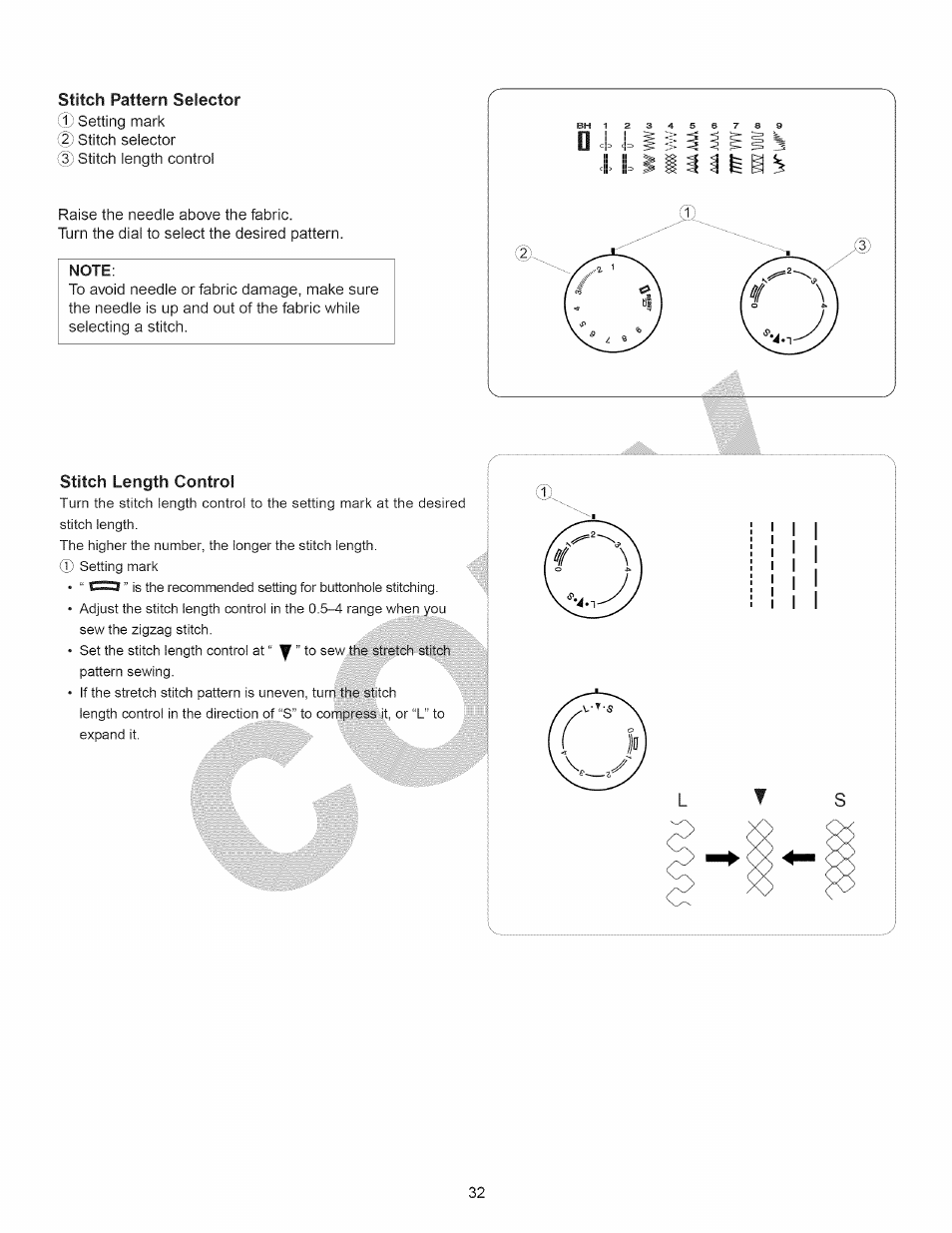 Stitch pattern selector, Stitch length control, Stitch pattern selector stitch length control | Kenmore 15358 User Manual | Page 44 / 89