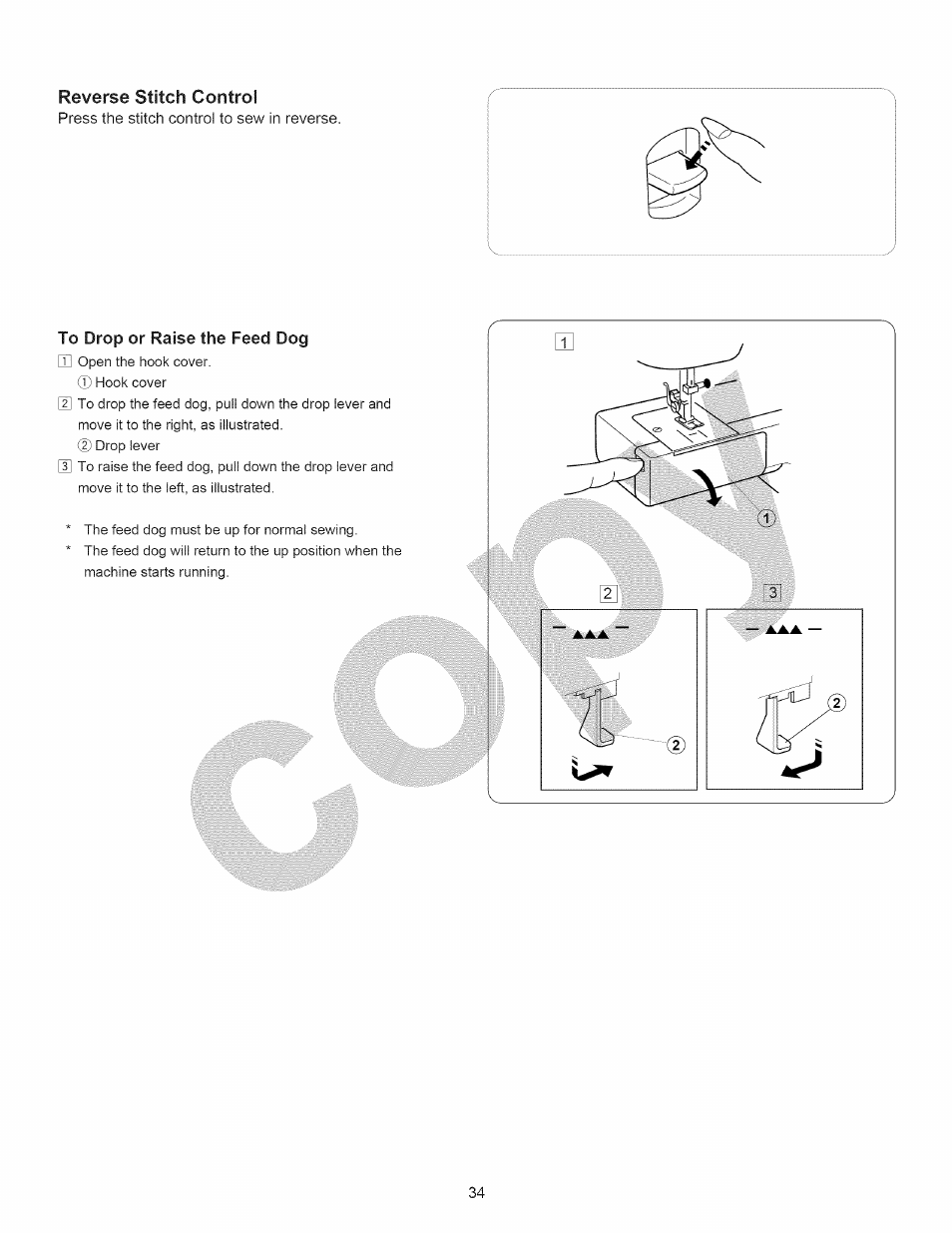 To drop or raise the feed dog, Reverse stitch control | Kenmore 15358 User Manual | Page 46 / 89