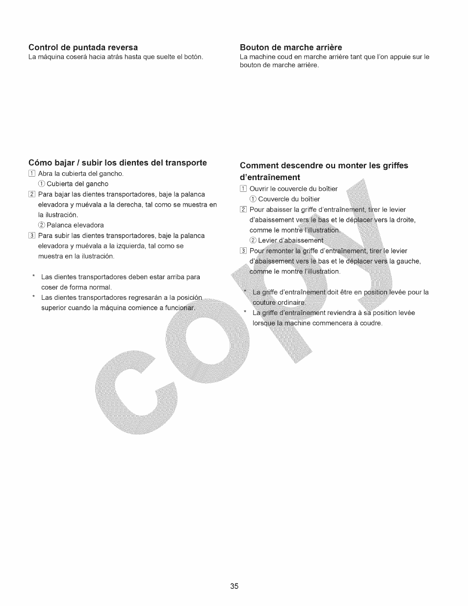 Control de puntada reversa, Bouton de marche arrière, Cómo bajar / subir los dientes del transporte | Kenmore 15358 User Manual | Page 47 / 89