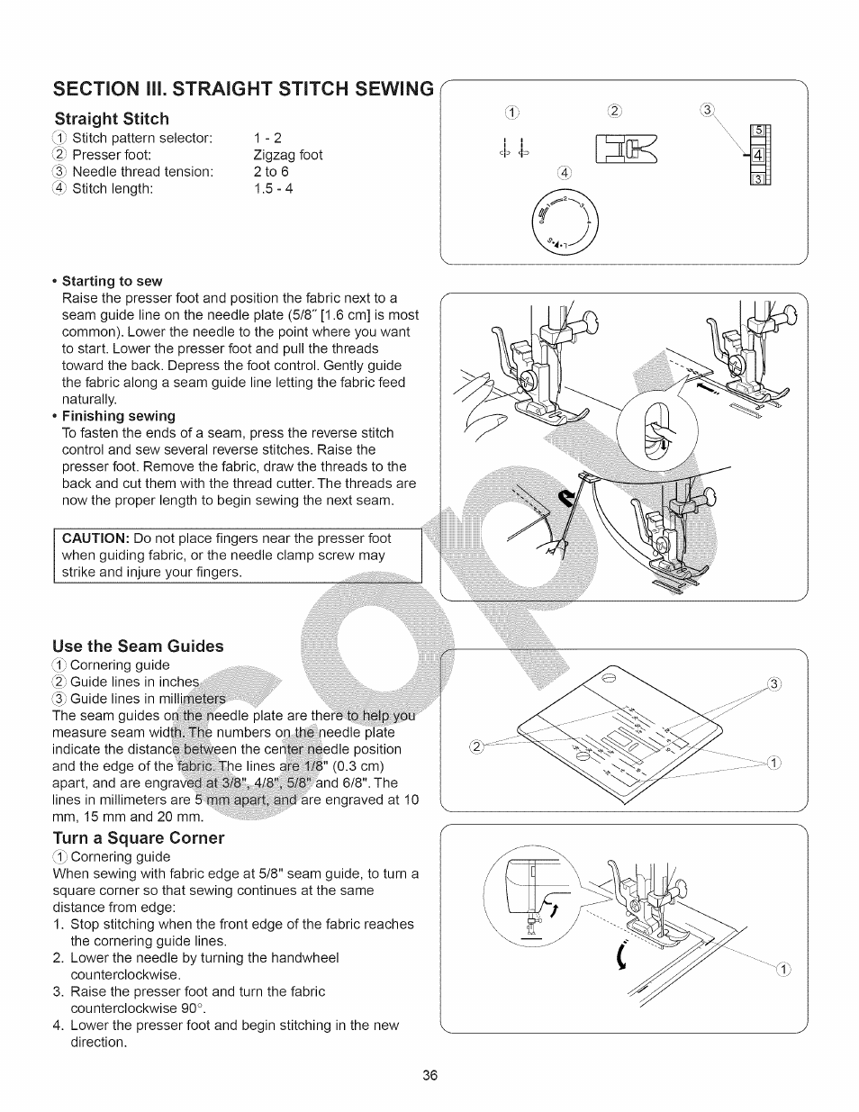 Starting to sew, Use the seam guides, Turn a square corner | Use the seam guides turn a square corner, Straight stitch | Kenmore 15358 User Manual | Page 48 / 89