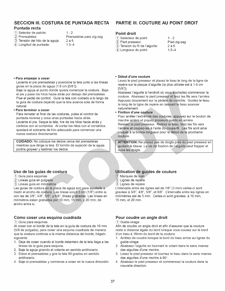 Uso de las guías de costura, Utilisation de guides de couture, Cómo coser una esquina cuadrada | Pour coudre un angle droit, Utilisation des guides de couture, Recta, 2point droit | Kenmore 15358 User Manual | Page 49 / 89