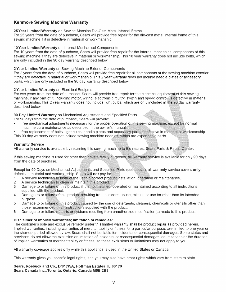 Warranty service, Kenmore sewing machine warranty | Kenmore 15358 User Manual | Page 5 / 89