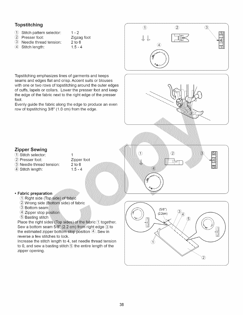 Zipper sewing, Fabric preparation, Zipper sewing -40 • fabric preparation | Kenmore 15358 User Manual | Page 50 / 89