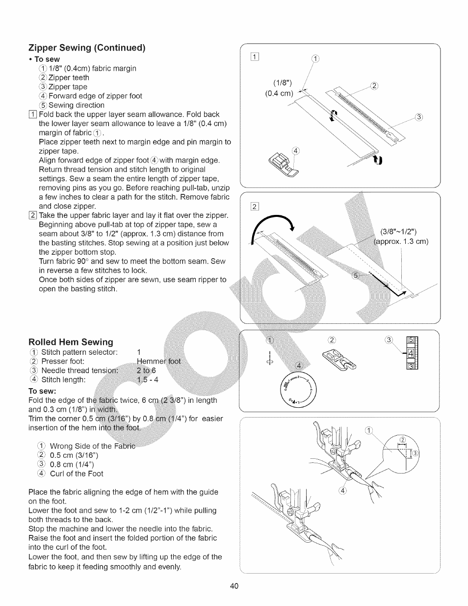 Rolled hem sewing, To sew, To sew rolled hem sewing | Zipper sewing (continued) | Kenmore 15358 User Manual | Page 52 / 89