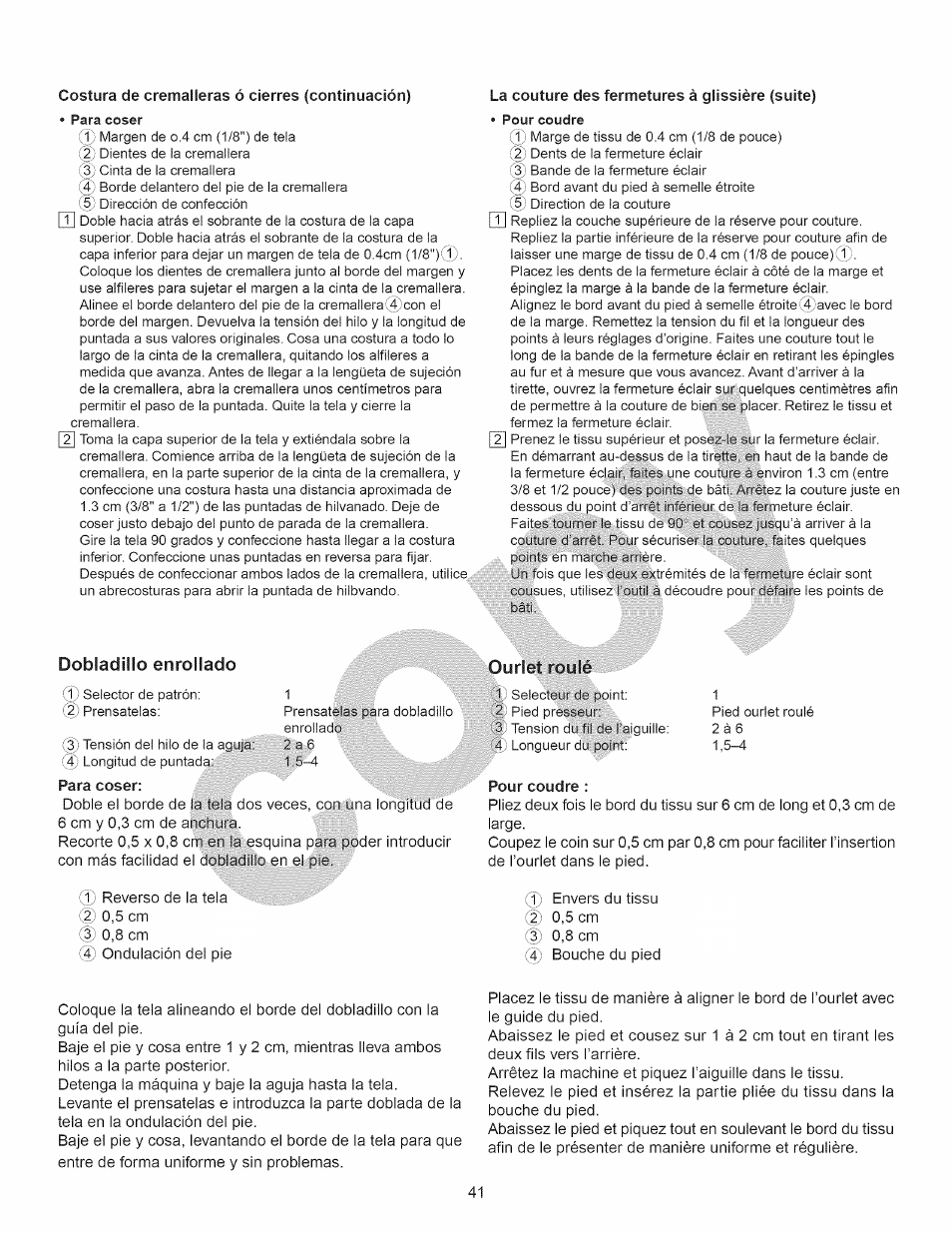 Costura de cremalleras ó cierres (continuación), La couture des fermetures à glissière (suite), Dobladillo enrollado | Para coser, Ourlet roulé, Pour coudre, Costura de cremalleras ó cierres -41, Para coser dobladillo enrollado, Pour coudre ourlet roulé | Kenmore 15358 User Manual | Page 53 / 89