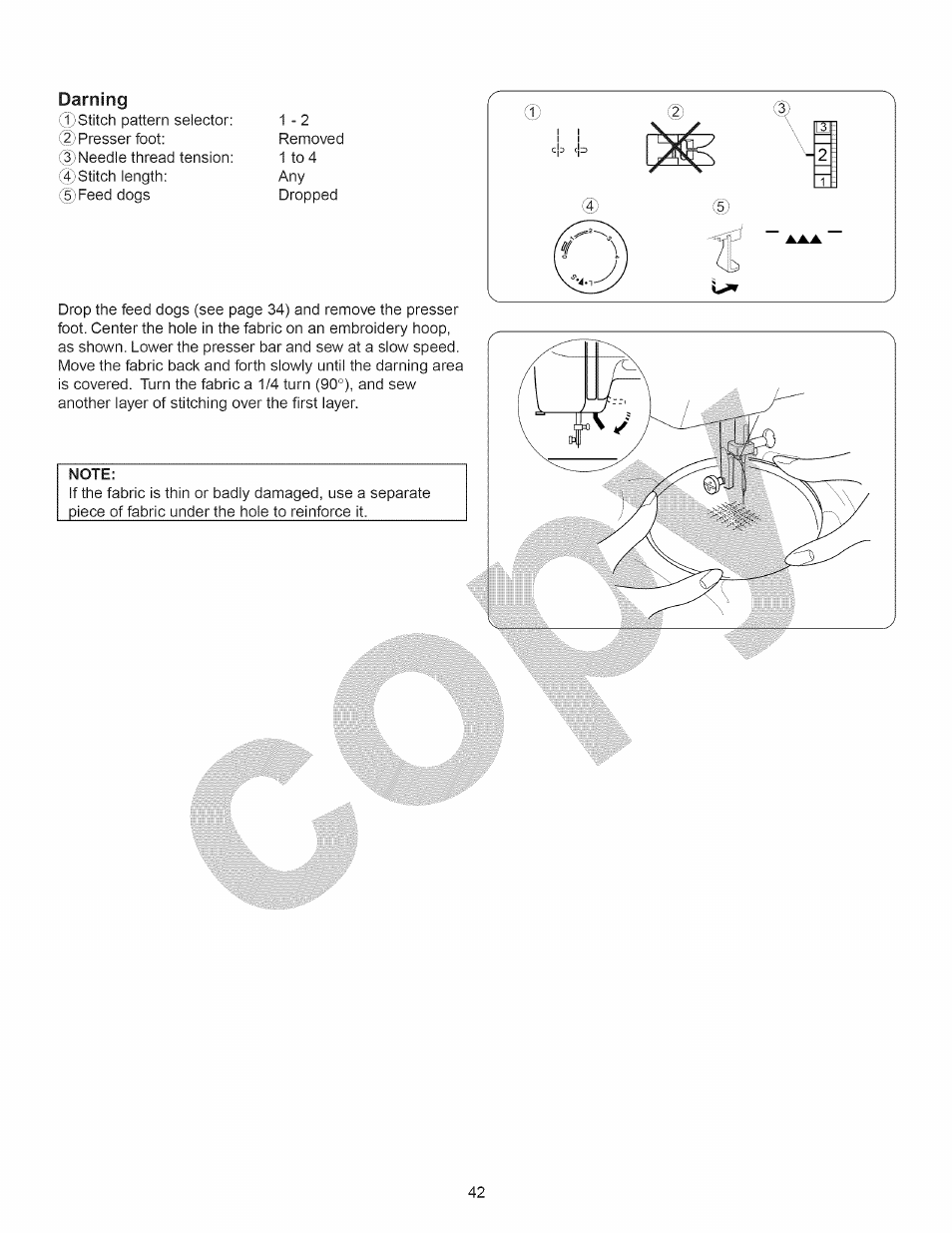 Note, Darning | Kenmore 15358 User Manual | Page 54 / 89