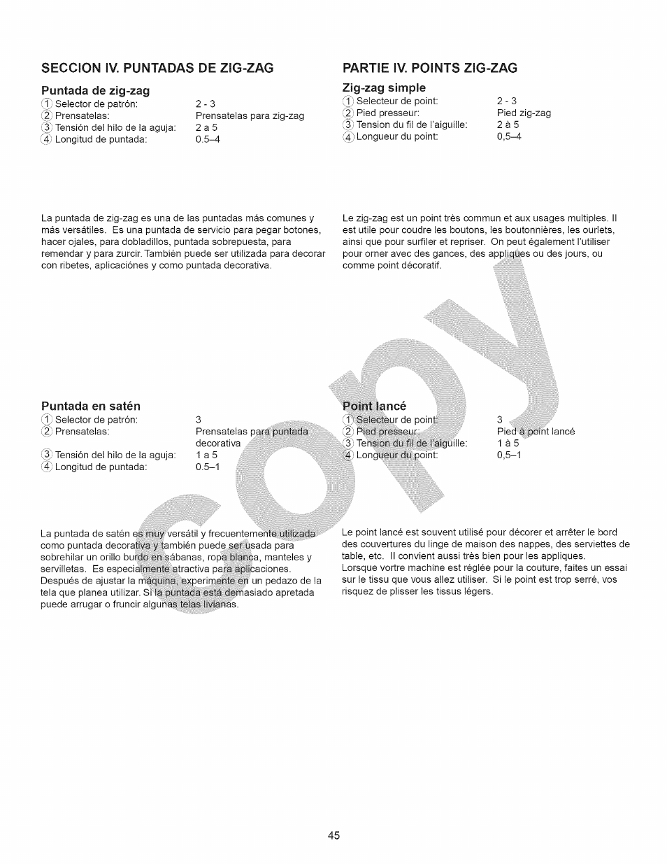 Puntada de zig-zag, Partie iv. points zig-zag zig-zag simple, Seccion iv. puntadas de zig-zag | Kenmore 15358 User Manual | Page 57 / 89