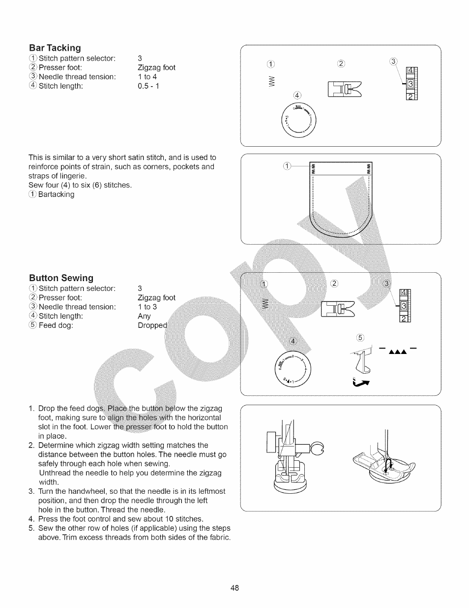 Button sewing, Bar tacking | Kenmore 15358 User Manual | Page 60 / 89