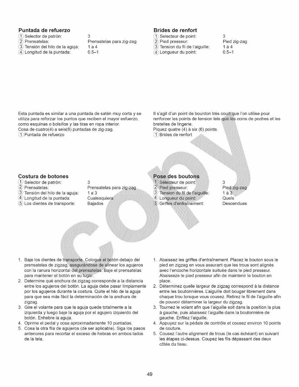 Puntada de refuerzo, Pose des boutons | Kenmore 15358 User Manual | Page 61 / 89