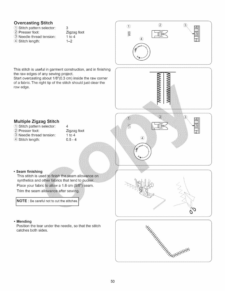 Seam finishing, Mending, Seam finishing • mending | Overcasting stitch | Kenmore 15358 User Manual | Page 62 / 89