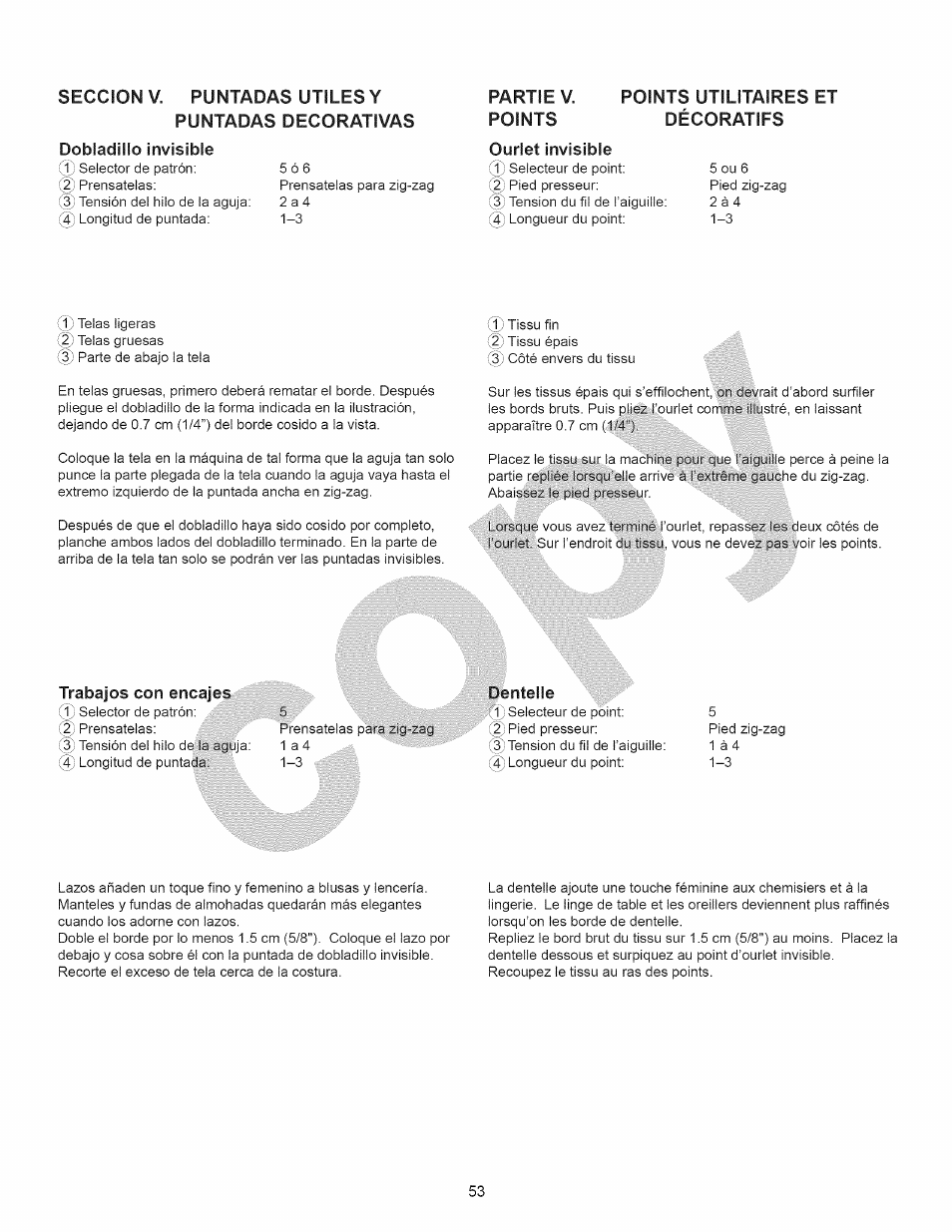 Dobladillo invisible, Partie v. points utilitaires et points décoratifs, Ourlet invisible | Dentelle, Seccion v. puntadas utiles y puntadas decorativas, Utilitaires | Kenmore 15358 User Manual | Page 65 / 89