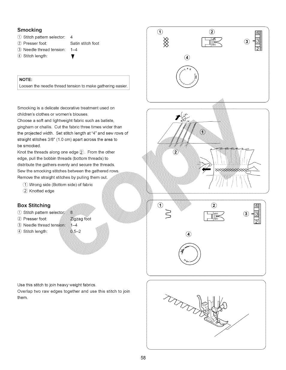 Smocking, Box stitching, Smocking box stitching | Kenmore 15358 User Manual | Page 70 / 89