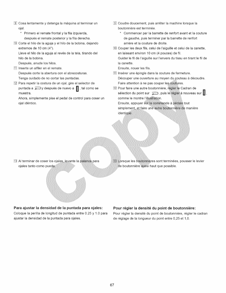 Para ajustar la densidad de la puntada para ojales, Pour régler la densité du point de boutonnière | Kenmore 15358 User Manual | Page 79 / 89