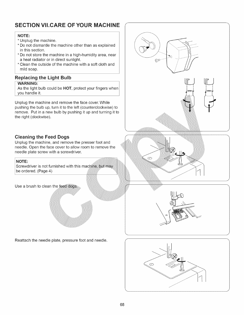 Note, Replacing the light bulb, Warning | Cleaning the feed dogs, Darning, Replacing the light bulb cleaning the feed dogs, H h t | Kenmore 15358 User Manual | Page 80 / 89