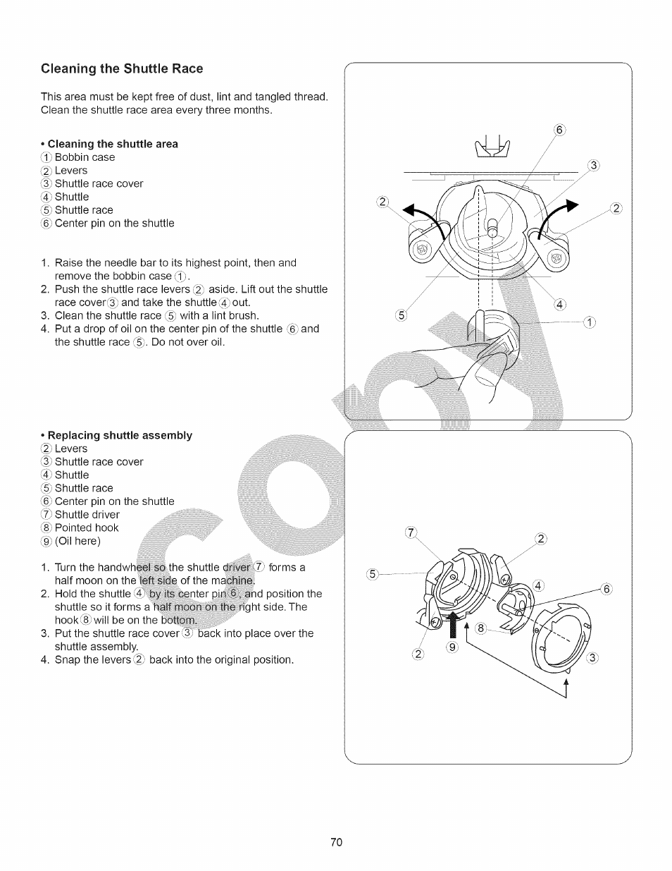 Cleaning the shuttle area, Replacing shuttle assembly, Cleaning the shuttle race | Kenmore 15358 User Manual | Page 82 / 89