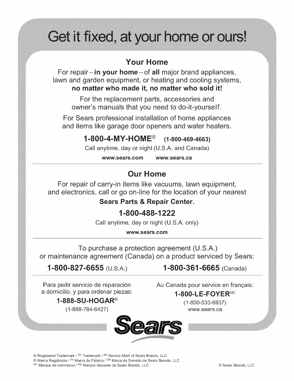 Get it fixed, at your home or ours, Your home, Our home | Kenmore 15358 User Manual | Page 89 / 89