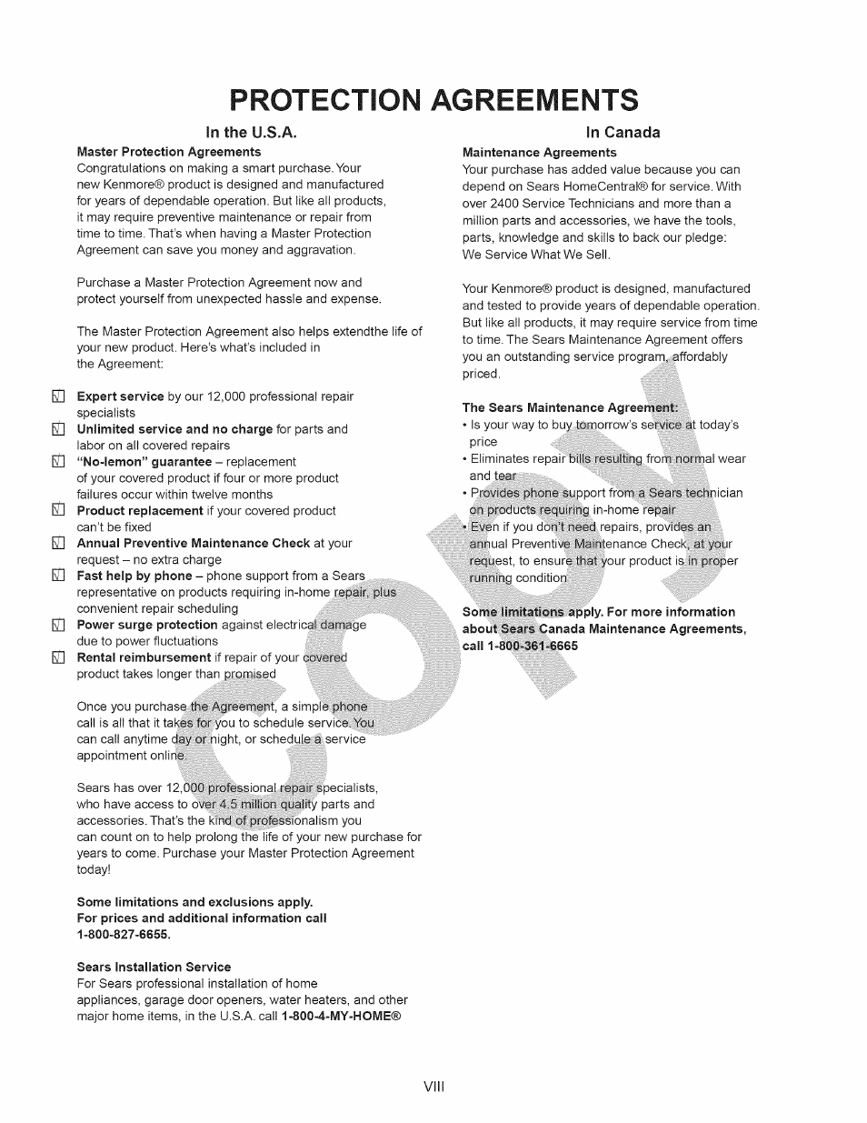 Protection agreements | Kenmore 15358 User Manual | Page 9 / 89