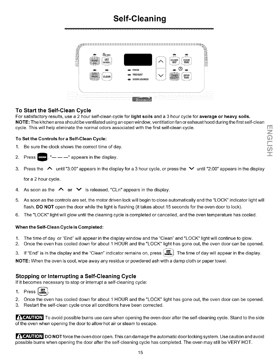 To start the self-clean cycle, To set the controls for a self-clean cycle, When the self-clean cycle is completed | Stopping or interrupting a self-cleaning cycle, Self-cleaning | Kenmore 970-334421 User Manual | Page 15 / 22