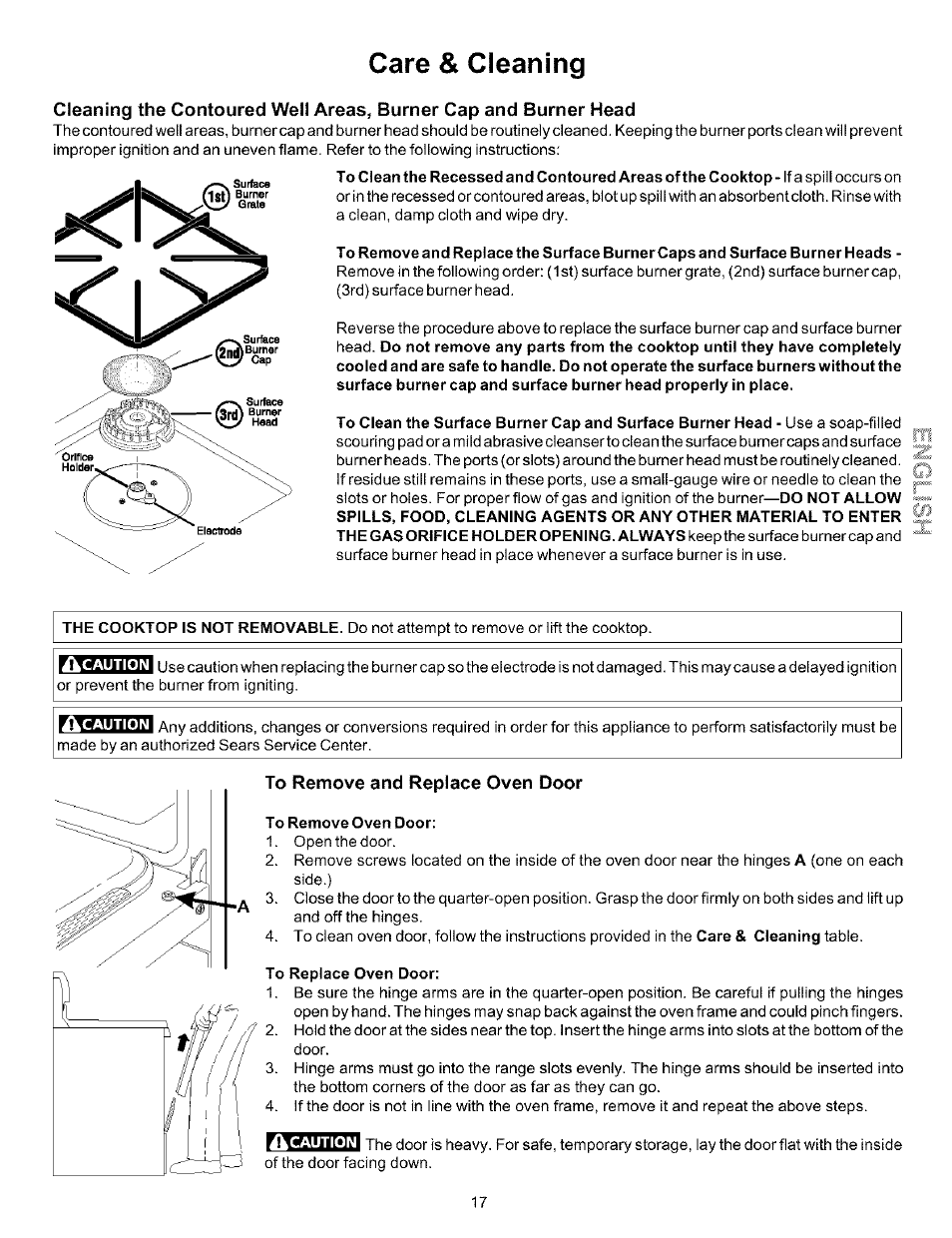 To remove and replace oven door, To remove oven door, To replace oven door | Care & cleaning | Kenmore 970-334421 User Manual | Page 17 / 22