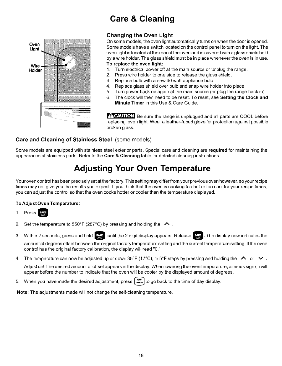 Changing the oven light, Care and cleaning of stainless steel (some models), To adjust oven temperature | Care & cleaning, Adjusting your oven temperature | Kenmore 970-334421 User Manual | Page 18 / 22