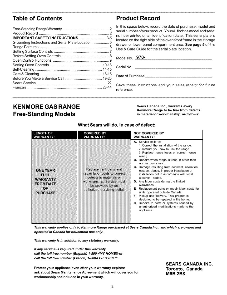 What sears will do, in case of defect, Table of contents product record, Kenmore gas range free-standing models | Sears canada inc. toronto, canada m5b 2b8 | Kenmore 970-334421 User Manual | Page 2 / 22