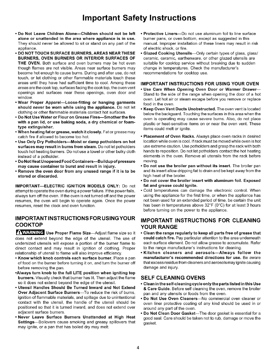 Important instructions for using your cooktop, Important instructions for using your oven, Important instructions for cleaning your range | Self cleaning ovens, Important safety instructions | Kenmore 970-334421 User Manual | Page 4 / 22