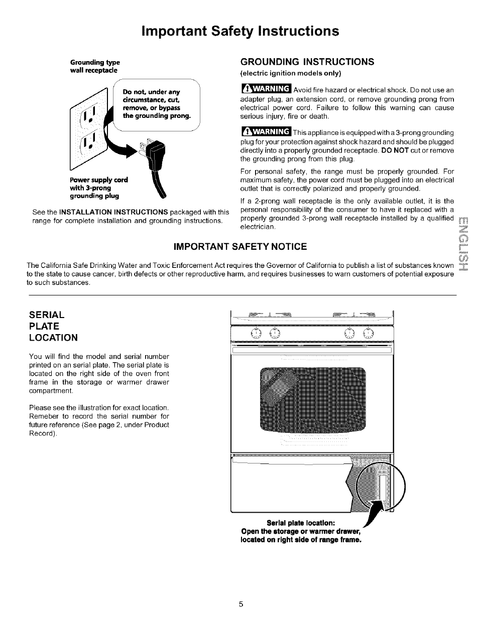 Grounding instructions, Important safety notice, Serial | Plate, Location, Important safety instructions, Serial plate location | Kenmore 970-334421 User Manual | Page 5 / 22