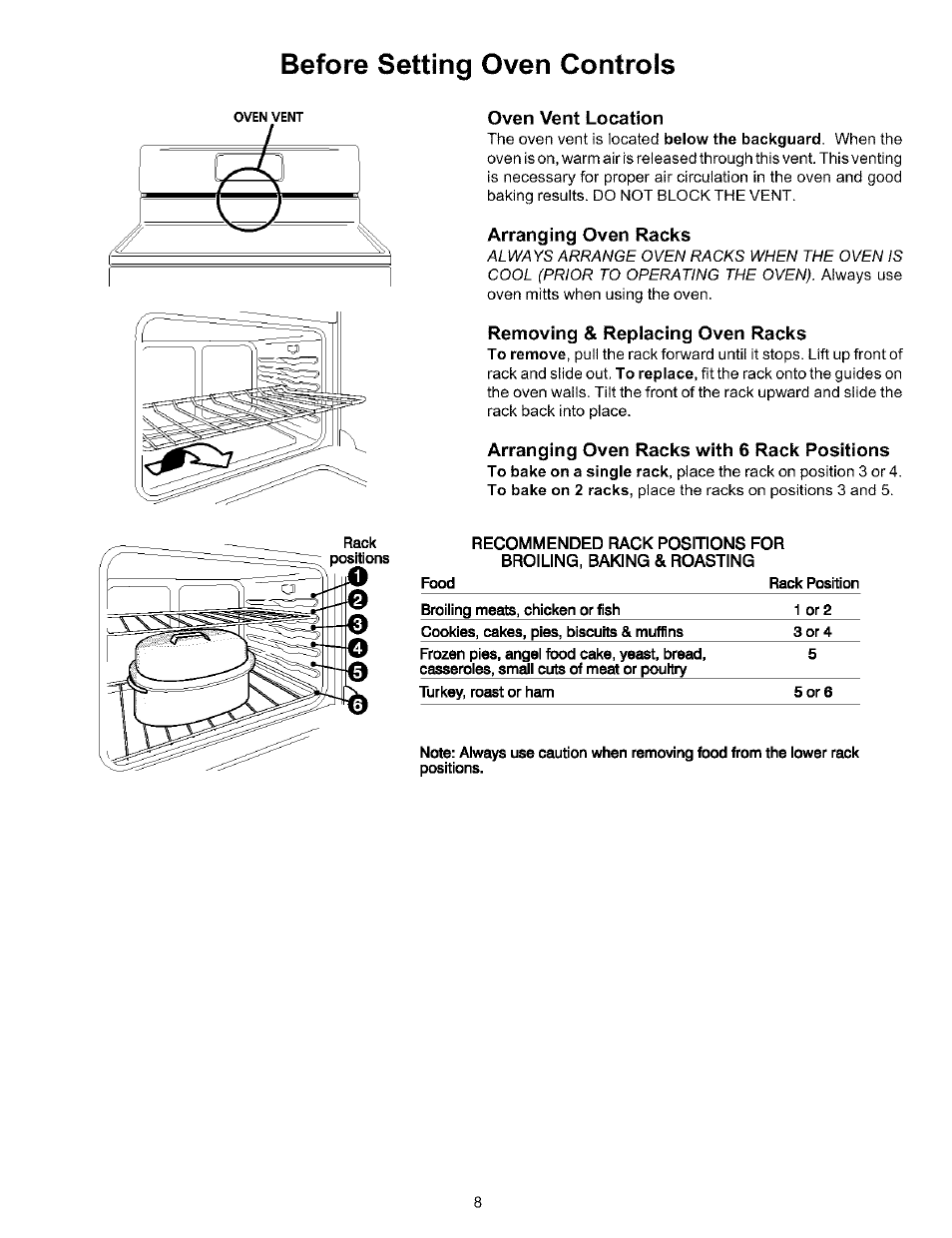 Oven vent location, Arranging oven racks, Removing & replacing oven racks | Arranging oven racks with 6 rack positions, Before setting oven controls | Kenmore 970-334421 User Manual | Page 8 / 22