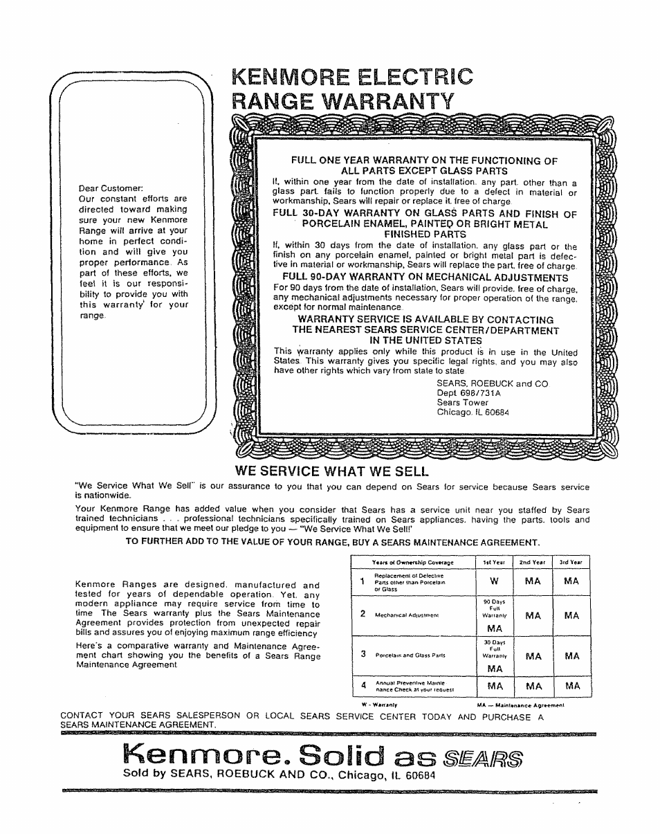 Kenmore. solid as, Kenmore electric range warranty, We service what we sell | Kenmore 5303304549 User Manual | Page 20 / 20