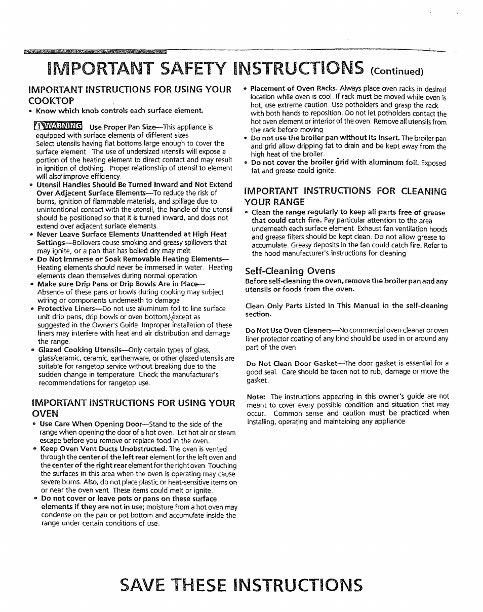 Important instructions for using your cooktop, Important instructions for using your oven, Important instructions for cleaning your range | Self-cleaning ovens, Save these instructions, Importamt safety instructions | Kenmore 5303304549 User Manual | Page 4 / 20