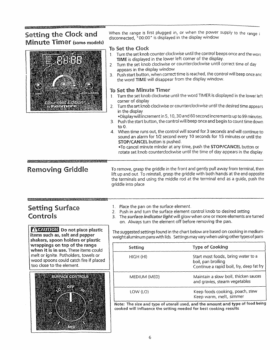 Setting the clock sand minute timer, Removing griddle, Setting surface controls | Kenmore 5303304549 User Manual | Page 6 / 20