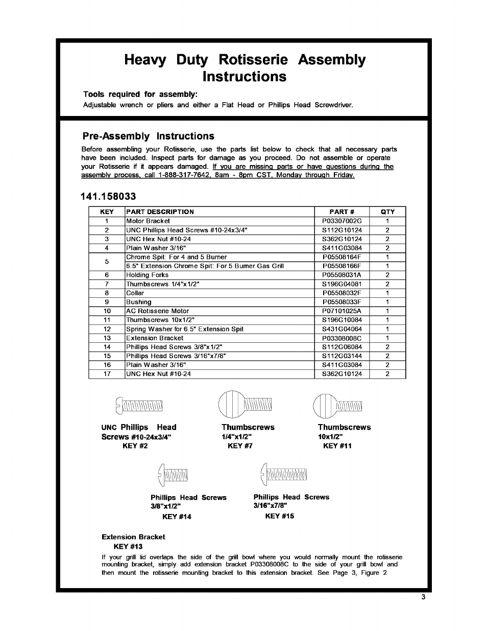 Heavy duty rôtisserie assembiy instructions, Pre-assembly instructions | Kenmore ELITE 141.158033 User Manual | Page 3 / 6